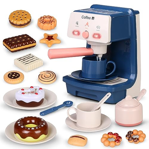 Veluoess Kids Coffee Maker Playset, Realistic Light and Sound, Play Kitchen Accessories with Dessert, Doughnuts, Coffee Cups, Pretend Play Toy Gifts for Girls Boys Ages 3+