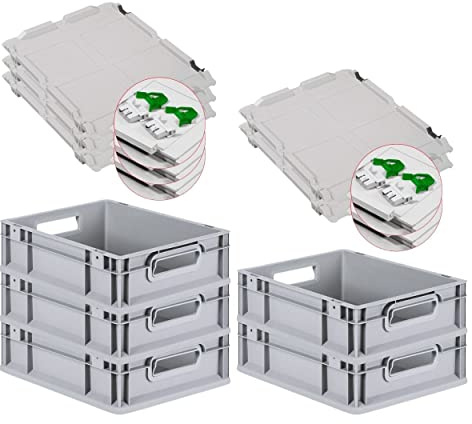 PROREGAL SuperSparSet 5x Eurobox NextGen Grip mit Scharnierdeckel und grünen Schiebeschnappverschlüssen, HxBxT 12x30x40cm, 11 L, Grau, Griffe offen, Eurobehälter, Transportbox