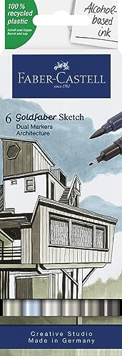 Faber-Castell 164807 - Goldfaber Sketch Marker Architecture, étui de 6 marqueurs à alcool avec pointe Brush et pointe Fineliner