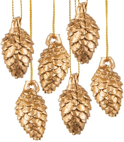 6 goldene Zapfen 5 cm – Lärchenbaum-Zapfen als Baumschmuck zum Aufhängen – edle Weihnachtsdeko für den Tannenbaum – Logbuch-Verlag