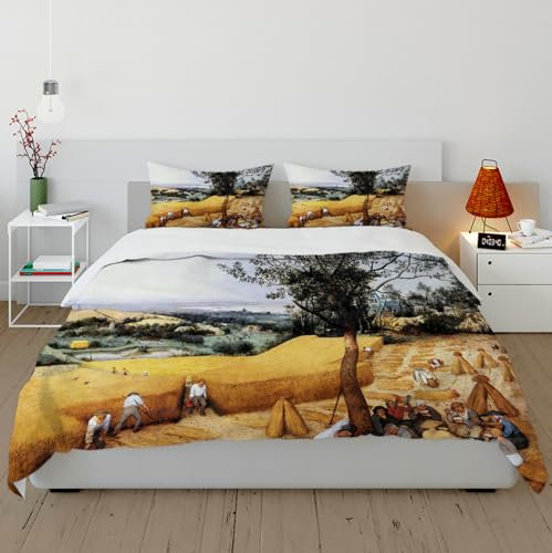 DINGSION Pieter Bruegel der Ältere Bettwäsche-Set 3-teilig The Harvesters 1565 Atmungsaktives Schlafzimmer-Bettwäsche-Set mit 2 Kissentüchern 4 Krawatten Reißverschluss 200 x 200 cm