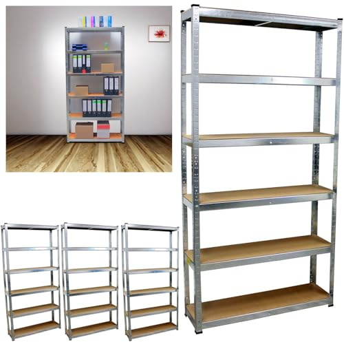 TRUTZHOLM Schwerlastregal 4er Set 200x100x30 cm verzinkt | Steckregal, 6 MDF-Böden je Regal, 900 kg Tragkraft, für Keller Garage Büro Archiv