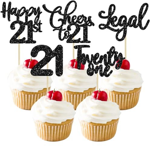 30 Pack Happy 21st Birthday Cupcake Toppers Black Glitter 21 Fabulous Cheers to 21 Years Old Birthday Cupcake Picks for Happy 21st Birthday Anniversary Party Cake Decorations
