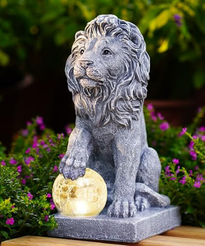 Yeomoo Solar Lion Statue Garden Ornaments - Outdoor Figurine with Ball Lights Garden Gifts for Women Mum Men - Waterproof Resin Sculpture for Lawn Patio Balcony Yard Room Accessories