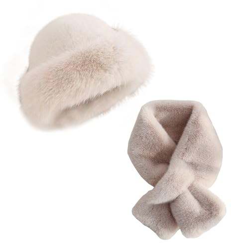Caldo berretto da sci con sciarpa invernale antivento termico unisex cappello in pelliccia sintetica cappelli pellicce sciarpe set pelo lungo soffice cappello invernale per escursionismo (bianco)