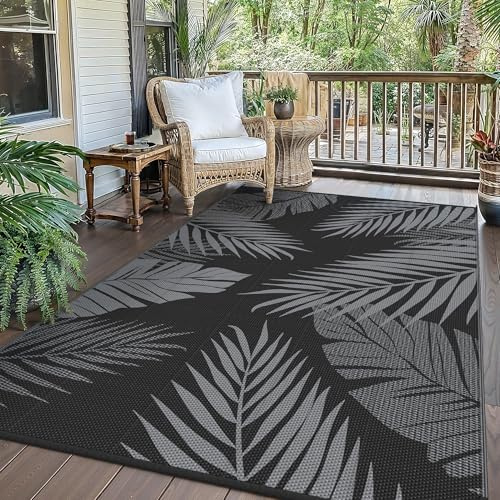 GENIMO Tappeto da Esterno Antipioggia, Impermeabili Eeversibili Lavabili,Tappeto per Terrazze,Giardini,Camper,Picnic,Balcone,180x275cm,Nero & Grigio