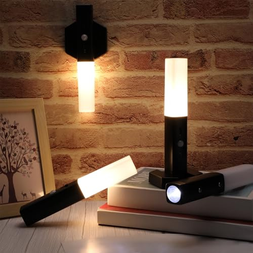 Tujoe 4 Pcs Motion Sensor Night Light USB Rechargeable Wall Sconces Magnetic Torch Night Light 1000mah Wireless Portable Wall Sconces Battery Operated LED for Hallway Stairway Bedroom Toilet
