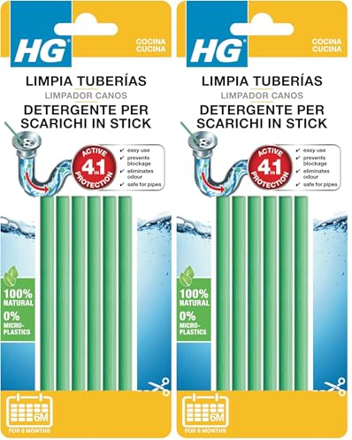 HG Bastoncini ad Azione Disgorgante per lo Scarico del Bagno o della Cucina, Sturalavandini Biodegradabili, Contengono Ingredienti Naturali e sono Facili da Usare, 6 Pezzi (Confezione da 2)