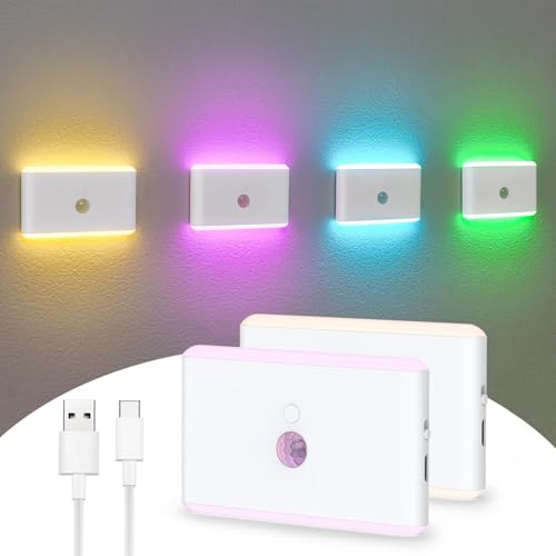 AVEKI Motion Sensor Night Light, 7 Colors Rechargeable LED Night Light with Dusk to Dawn Sensor, Dimmable Mini Stair Lights Hallway Light, Small Wall Lights for Bedroom Bathroom Closet Stairway (2PC)