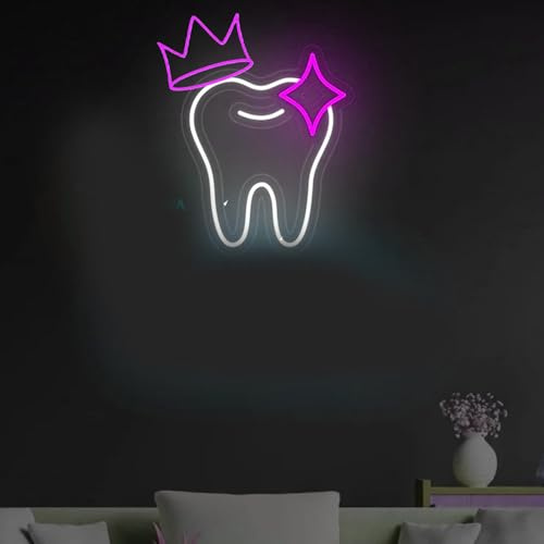 Tandljusskylt med krona, LED-tanddekoration, tandläkarnattlampa, tandläkardekoration, tandläkardekoration