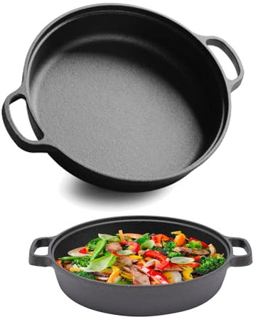 RUETERY Poêle en fonte avec 2 poignées, Ø 25 cm, poêle en fer, poêle en fonte, poêle à steak, poêle en fonte pour plaques à induction, cocottes électriques et foyers ouverts