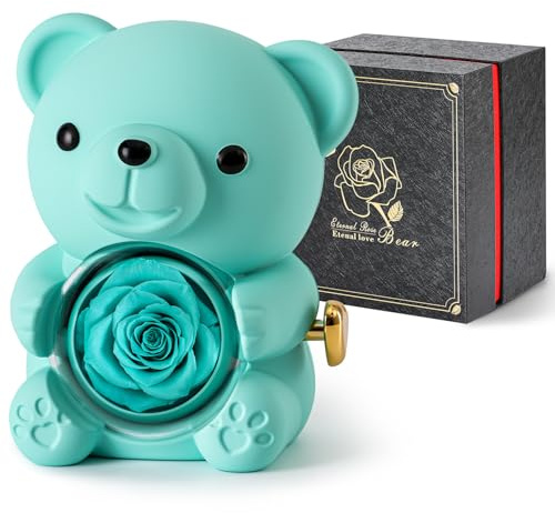 Ariceleo Bär mit Erhaltener Rose - Verstecktes Schmuckkästchen & Herz-Halskette Frauen: Valentinstag, Muttertag, Hochzeit, Jubiläum - In Geschenkbox (Hellblau)