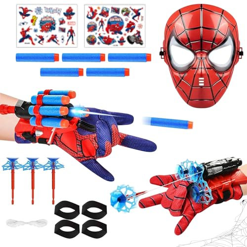 LXYYDS 2 Stück Spider Launcher Handschuh, Kids Spider Hero Handschuhe, Super Spider Launcher, Launcher Handschuh mit Maske und Aufkleber, Für Kinder Fans Cosplay Spider Handschuhe Launcher Spielzeug