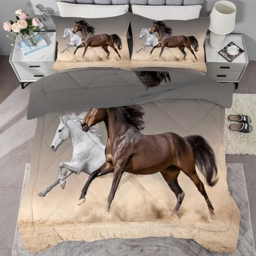 buyluhn Bettdecke 240x220 Pferd Ohne Bezug Nutzbar, 4 Jahreszeiten Bettdecken Tier Große Steppdecke Ganzjahresdecke, Waschbar Bettzeug mit 2 Kissenbezug für Sommer Winter Doppelbett