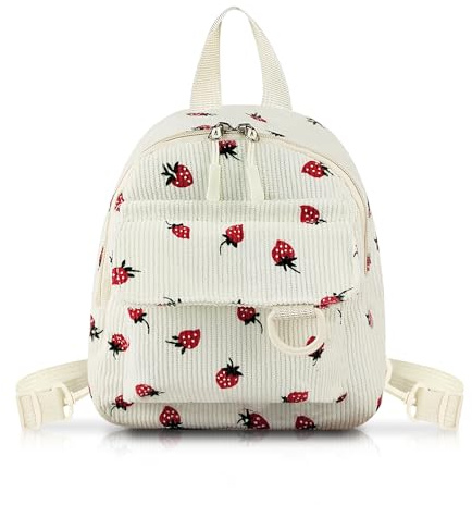 WisePoint Damen Rucksack, Cord Rucksack Damen Klein Rucksäcke Daypacks für Frauen, Rucksacktasche mit Erdbeer Muster zum Wandern, Einkaufen, Reisen (weiß)