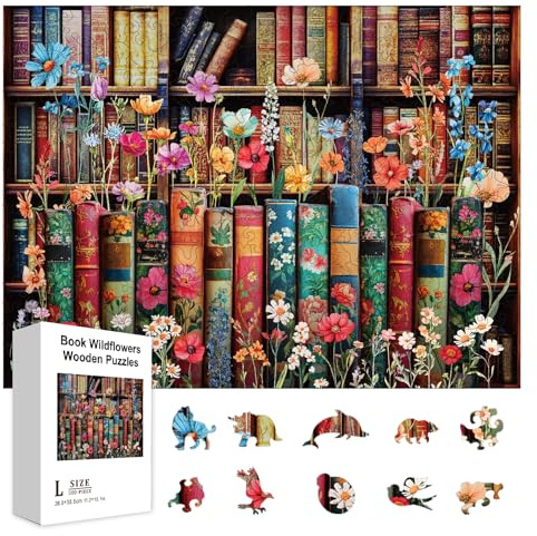 GLOBLELAND 300 Pièces Livres Fleurs Sauvages Puzzles en Bois pour Bibliothèque Puzzles Colorés Forme Unique Anniversaire