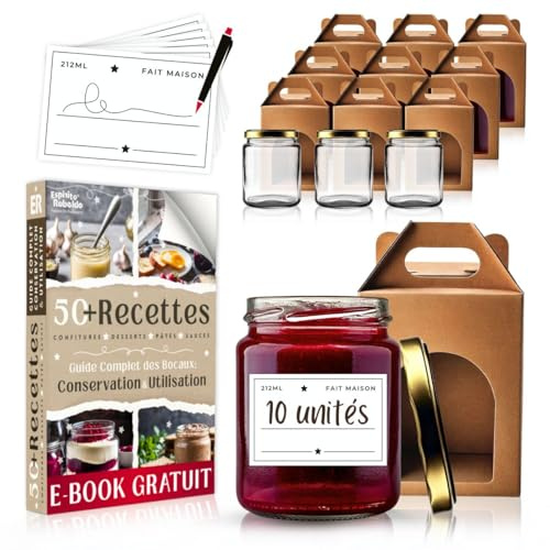 FÖRPACKNING 10 Glasburkar 212ml + Lådor + Etiketter | GRATIS E-BOK: Konserveringsguide & 50+ Recept på Sylt, Dessert, Såser | Syltburkar, Honungsburkar | Bröllopssouvenirer