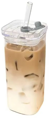 400ml Square Glass Tumbler with Straw & Lid – Reusable Iced Coffee Cup for Smoothies, Juice & Tea – Sustainable Drinking Glass for Home, Office & Travel