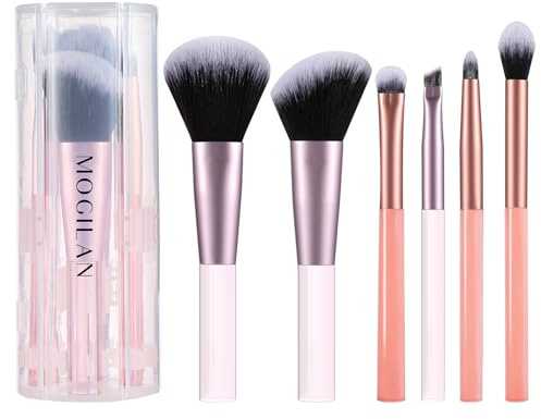 MOGILAN Travel Makeup Brush Set – Portable 6PCS Mini Cosmetic Brushes for Foundation, Concealer, Eyeshadow, Blush, Powder, Contour & Highlight, On-the-Go Makeup Brush Kit with Travel Case