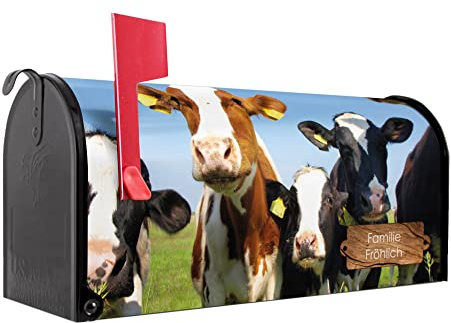 banjado® Amerikanischer Briefkasten - US Mailbox/Letterbox mit Motiv Kühe 51x22x17cm - Postkasten Stahl aus Amerika – Briefkasten amerikanisch schwarz pulverbeschichtet