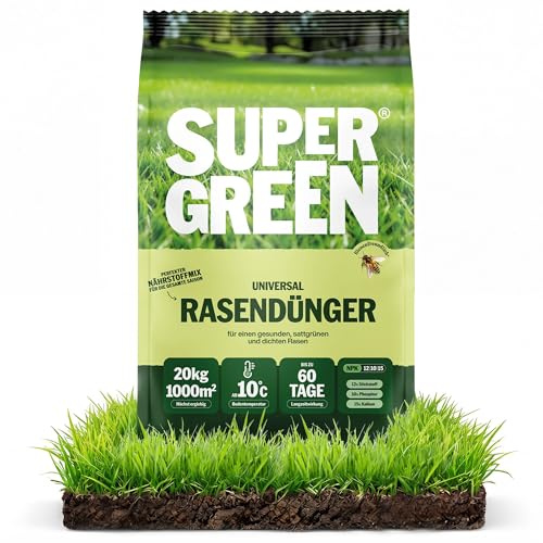SUPERGREEN Universal-Rasendünger Langzeit bis 60 Tage | 20kg für 1000m² | NPK 12-10-15 für dichten, sattgrünen, gesunden Rasen | Nitratfrei & staubfreies Granulat (2-5 mm) | Ganzjahresdünger