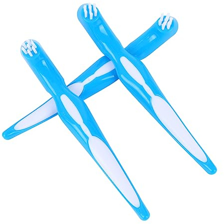 3 Stück Prothesenbürste aus Kunststoff mit Doppelkopf, Blau | Rutschfester Griff, Sanfte Reinigung von Belägen und Speiseresten, für Retainer und Falsche Zähne zu Hause
