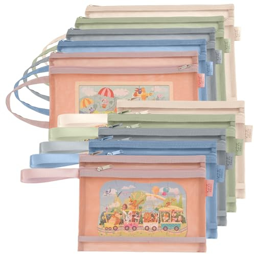 M.J COMFY-LIFE Coloured Mesh Zipper Storage Bag, 10PCS A5/A4 Double-Layer See‑Through Nylon Pouch for Lego Building Blocks Storage & Organisation, Breathable Toy Storage Bag with Handle (A5/A4)