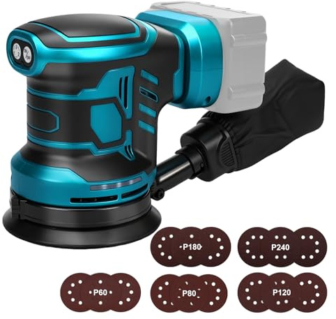 Okku Ponceuse Excentrique, 125 mm (5 Pouces) Ponceuse Excentrique Compatible avec Batterie Makita 18V, Moteur à Balais 11000 tr/min avec Sac à Poussière et 15 Feuilles de Papier de Verre (sans Batteri