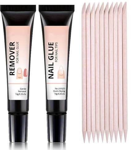 No Curing Nail Glue Gel with Remover - Fast Drying 15s Strong Press On Nail Glue for False Nails Long Lasting 30 Day Solid Gel with Easy Nail glue Remover for Home Manicure DIY Kit