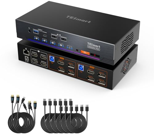 TESmart 4K@60Hz KVM Switch 2 PC 4 Monitore, mit USB 3.0, HDMI 2.0, DP 1.2 Port, EDID-Emulator, benutzerdefinierte Hotkey-Umschaltung, 1 Gbps Ethernet, IR-Fernbedienung, inklusive PC-Verbindungskabe