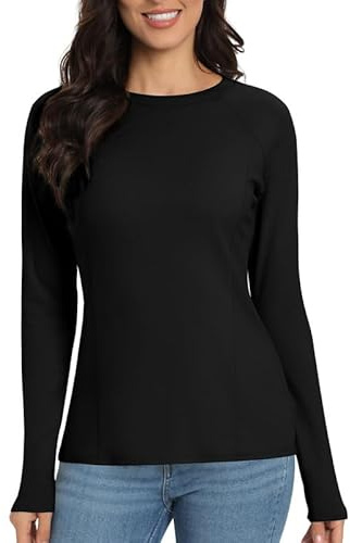 Jiuday Thermal Shirt Women's Long Sleeve Winter Thermal Top Fleece Long Sleeve Shirt Crew Neck Functional Shirt Thermal Undershirt for Home Sports Skiing, black, XXL