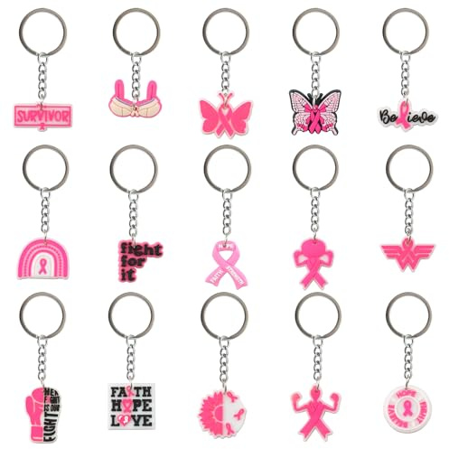 WANDIC Lod de 30 Octobre Rose Porte-Clés, 15 Styles Porte-Clés Ruban Rose Octobre en Silicone pour Sensibilisation au Cancer du Sein, pour Décoration d'Événement Caritatif