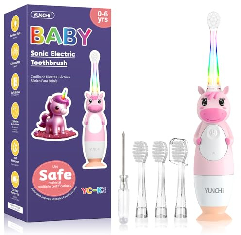 YUNCHI Toddler Electric Toothbrush Kids 0-3-6 Years, Baby Electric Toothbrush with Colorful LED Light, Battery Powered Toddler Toothbrush with 2 Minutes Timer 4 Brush Heads, Infant Toothbrush (Pink)
