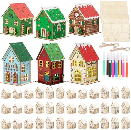 Kathfly 36 Set DIY Christmas Wooden House to Paint House Gingerbread Kit with 12 Watercolor Pens Unfinished Wooden Village Craft Kit Christmas Tree Ornaments for Xmas Winter Party Decor Art