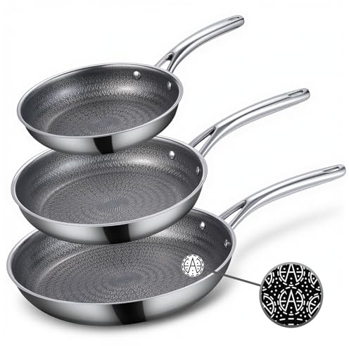 Ammeloo Hybrid Tri-Ply Stainless Steel Frying Pan Set, 8/9.5/11 Cooking Pans, Non Stick Frying Pans and Skillets, Chef Pan, Non Toxic, Dishwasher Safe, Induction Compatible, Black Interior