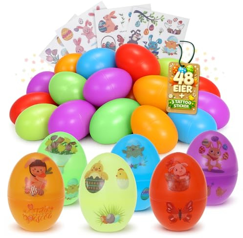 Festicy 48 Huevos de Pascua para Rellenar con Preciosas Pegatinas I 8 Colores, Huevos de Pascua de plástico de Colores para Decorar en Pascua I para Interior y Exterior I Decoración de Pascua