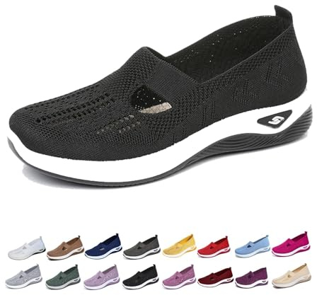 Orthopedic Shoes for Women Slip on Shoes Women Slip on Walking Sneakers Mesh Breathable Lightweight Casual Orthopedic Sneakers UK Spring Summer Sport Trainers Ladies Wide Fit Trainers Black