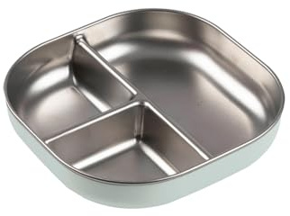 BÉABA, Assiette Bébé Compartimentée en Inox Micro-ondable – Antidérapante avec Housse Silicone, Incassable, Bords Hauts Ergonomiques, Passe au Lave-Vaisselle, Vert de gris