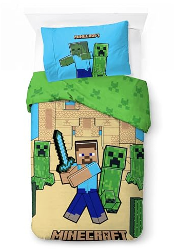 Minecraft sängkläder 100% bomull | påslakan 140 x 200 cm örngott 50 x 70 cm | mjuka och andningsbara barnsängkläder | rolig minecraft sovrumsdekoration