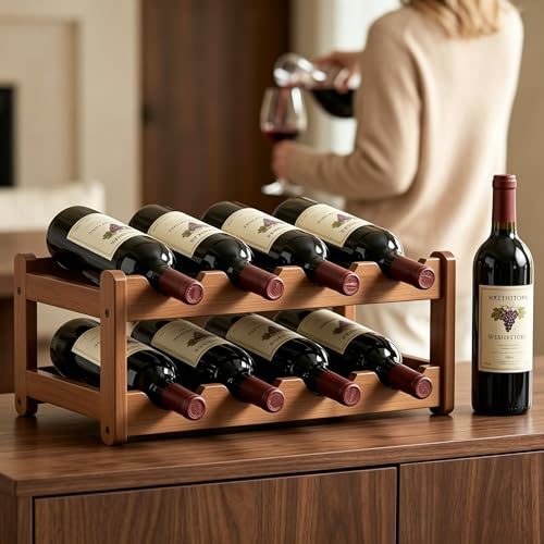 Vurixfo 8 Bottle Wine Rack, 2-Tier Sturdy Wine Storage Holder Bamboo Wines Racks Free Standing Compact Wines Holder Bottle Storage Organize for Cabinet Cupboard Countertop, 43×23.5×16cm