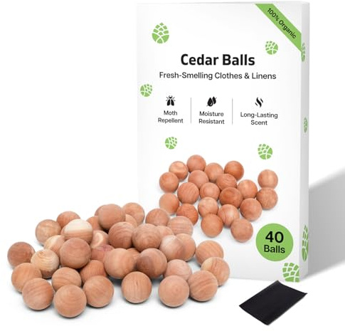 Cedarwood Moth Repellent for Wardrobes 40 Pcs Cedar Balls | 100% Natural Cedar Moth Balls for Clothes Protection | UK Moths Deterrent & Killer for Drawers & Wardrobe Storage with Sandpaper