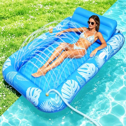 Tanning Pool mit Eingebautem Sprinkler, Luftmatratze Schwimminsel mit Getränkehalter, Griff und Rückenlehne, Amphibisch Luftmatratze Wasser Erwachsene Geeignet für Schwimmbäder, Strände, Gärten