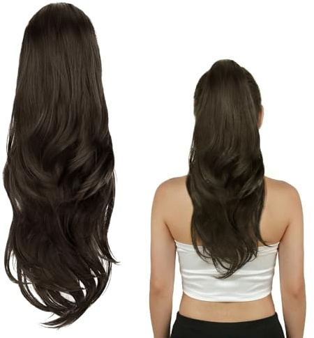 26zoll/65cm Haarteil Zopf mit Zugband und Elastiknetz | Kunsthaar Haarteil mit Klammer für Damen | Ponytail Extension für den Täglichen Gebrauch Partys Hochzeiten Besondere Anlässe (Dunkelbraun)