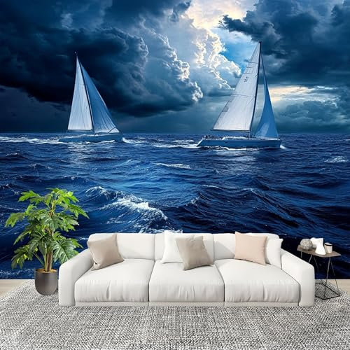 Fotomurales Olas El Mar Veleros El Cielo Papel Pintado Tejido No Tejido Moderna Diseno Fotográfico Decoración De Pared Sala Cuarto Oficina Salón Azul Papel Pintado 200x140 cm