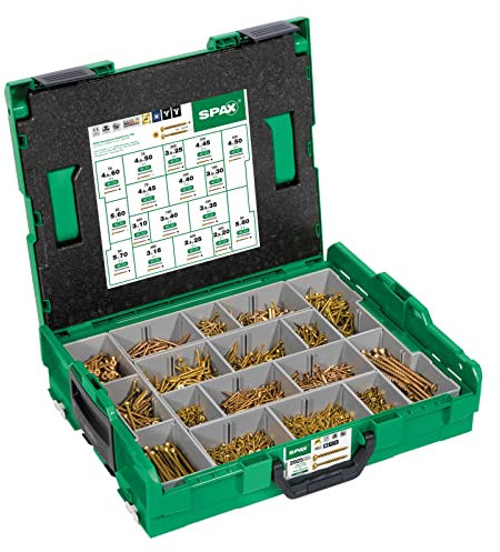 SPAX Montagekoffer, L-BOXX, Groß, Yellox A2L, Kreuzschlitz Z, Senkkopf, 17 Abmessungen, 2930 Stück, inkl. 5 SPAX BITs, 5000009164019, Gelb
