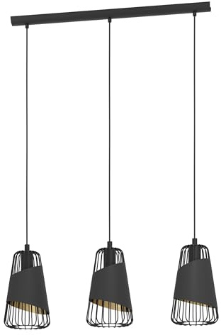 Eglo Lámpara colgante Austell, lámpara de techo industrial vintage de 3 luces, colgante de acero y textil en negro y dorado, lámpara para comedor y salón con casquillo E27