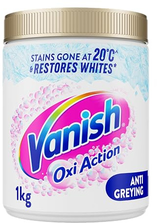 Vanish Gold Oxi Action Quitamanchas y polvo potenciador de blanqueamiento para blancos, 1 kg, elimina las manchas difíciles incluso a 20 °C, restaura la blancura de las telas grises (el embalaje puede