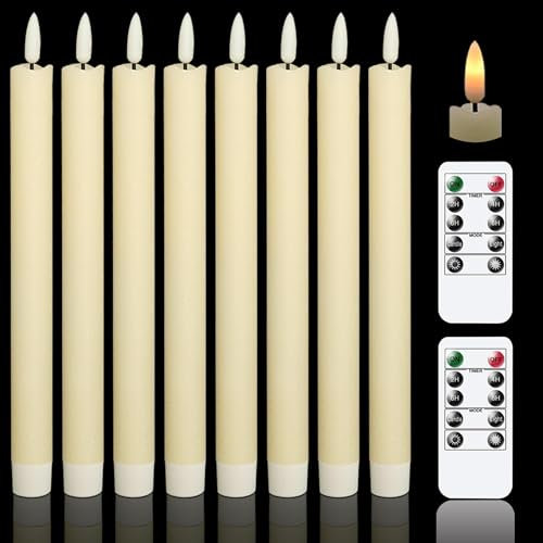 Eldnacele Flameless Flickering Taper Candles with 2 Remote Controls and Timer, Real Wax 3D Wick Light Window Candles Battery Operated Pack of 8, Christmas Home Wedding Decor (Ivory, 0.78 X 9.64 Inch)