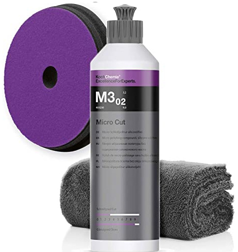 detailmate Koch Chemie Politur Set: MicroCut M3.03 Politur 250ml + Micro Cut Pad 150x23mm + Mikrofasertuch 550GSM, 40x40cm
