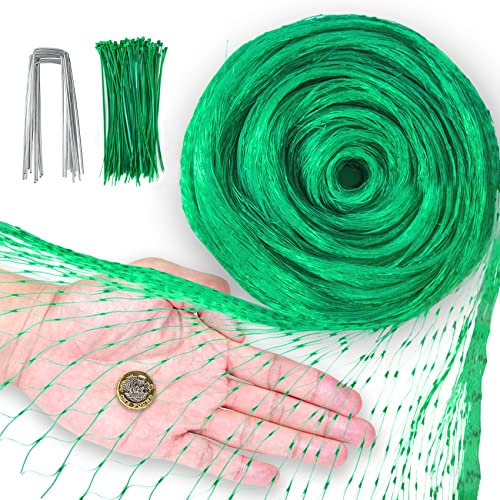 Hywean 4M x 10M Filet Anti Oiseaux avec 10 Piquets de Jardin en Forme U et 50 Attaches Câble, Vert Filets Protection pour Potager Bassin Volière Arbres Plantes Étang, 004-5